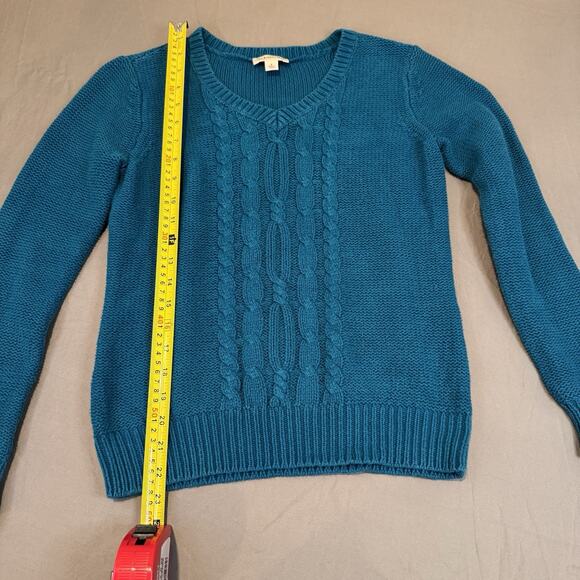 St Johns Bay Size S Teal Blue Cable Knit Womens long Sleeve Sweater V-Neck - Picture 4 of 6